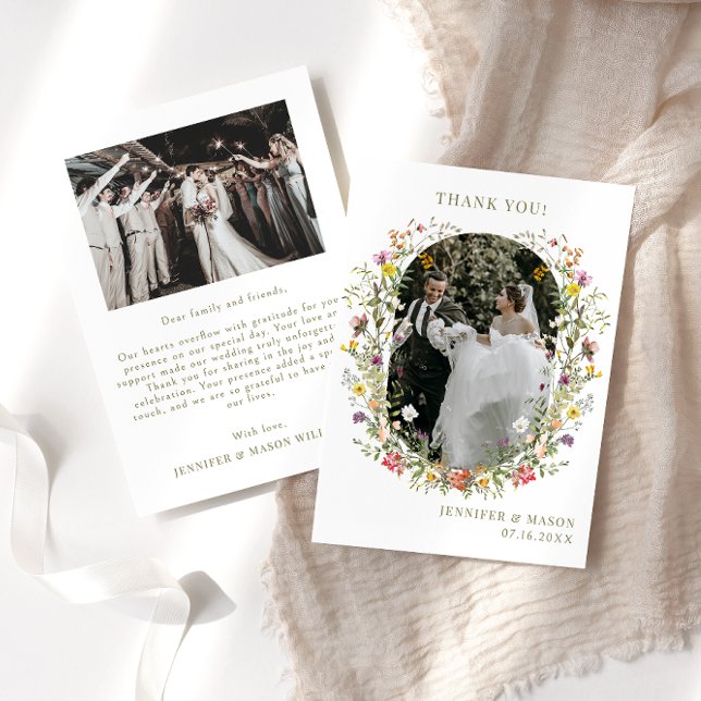 Whimsical meadow wildflower Wedding Photo Thank You Card (Creator Uploaded)