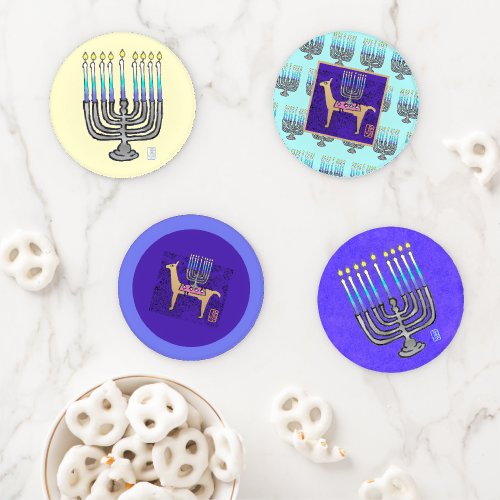 Whimsical MenorahLlama Hanukkah Acrylic  Coaster Set