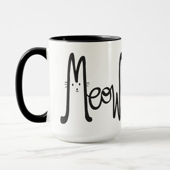 Whimsical MEOW Modern Minimal Black Cat Mom Script Mug (Left)