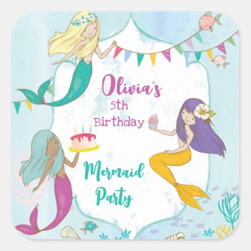 Whimsical Mermaid Birthday Party Square Sticker