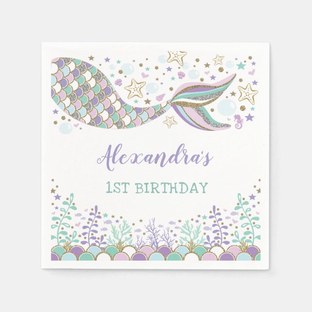 Whimsical Mermaid Birthday Under the Sea Party Napkins (Front)
