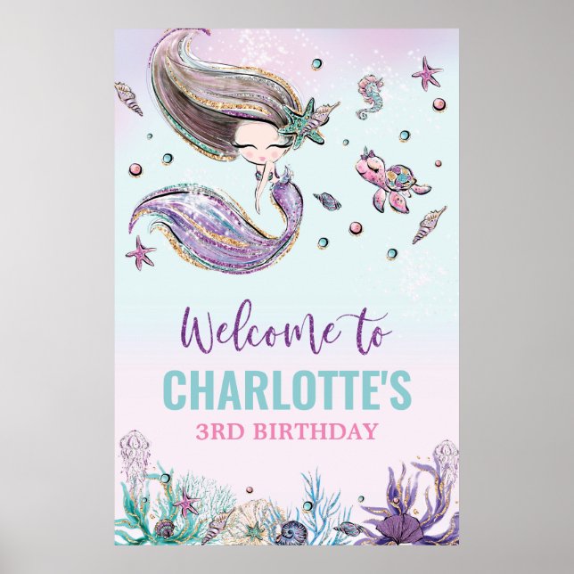 Whimsical Mermaid Birthday Under the Sea Welcome  Poster (Front)