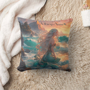 Whimsical Mermaid, flowing hair, ocean Throw Pillow