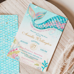 Whimsical Mermaid Girl Baby Shower Teal Pink Gold Invitation