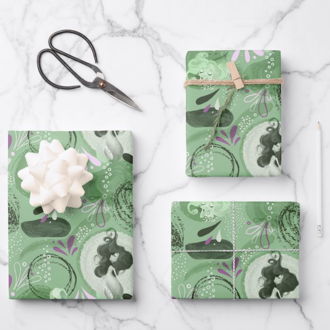 Whimsical Mermaid Green Abstract Pattern Wrapping Paper Sheets (Front)