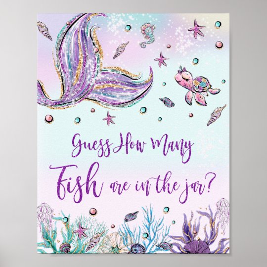 Whimsical Mermaid Guess How Many Fish in Jar Game Poster | Zazzle.com