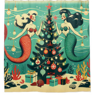 “Whimsical Mermaid Holiday Scene” Shower Curtain