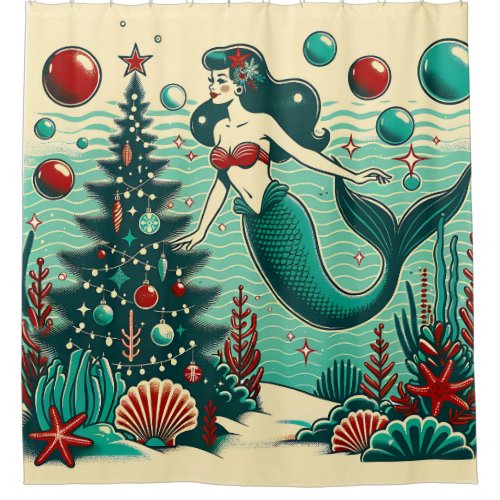 “Whimsical Mermaid Holiday Scene” Shower Curtain