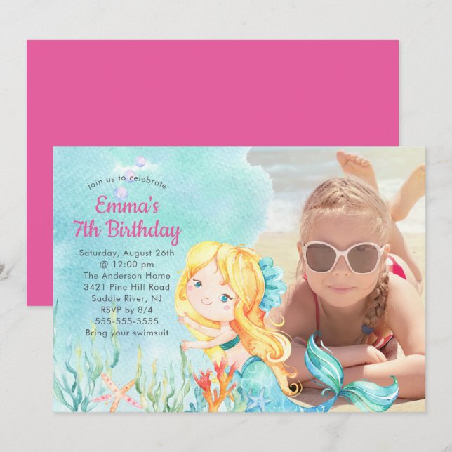 Whimsical Mermaid Photo Birthday Invitation (Front/Back)