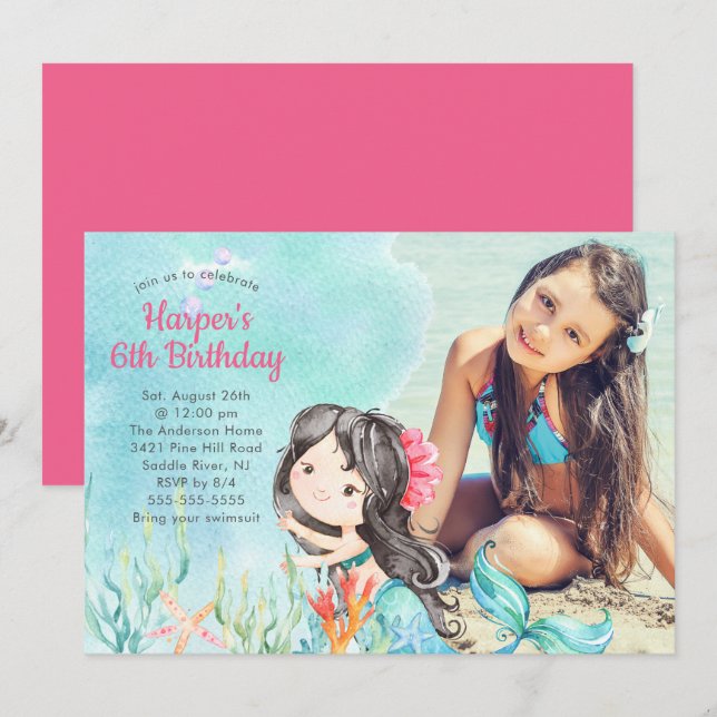 Whimsical Mermaid Photo Birthday Invitation (Front/Back)