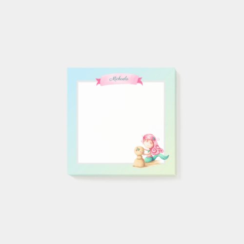 Whimsical mermaid playing with sand personalized post_it notes