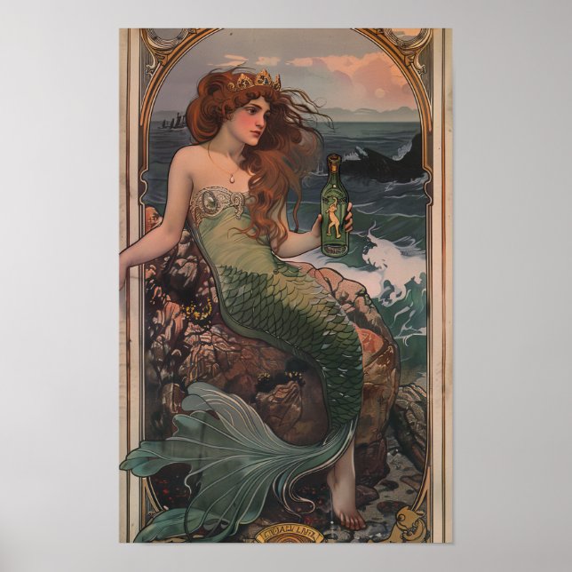Whimsical Mermaid Poster with Gin Bottle - Fantasy (Front)