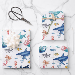  whimsical mermaid rainbow fish shark birthday wrapping paper sheets