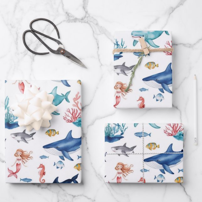  whimsical mermaid rainbow fish shark birthday wrapping paper sheets (Front)