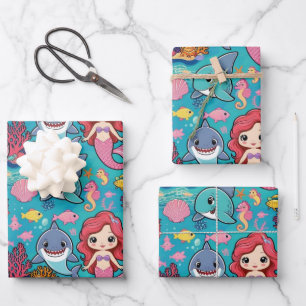  whimsical mermaid rainbow fish shark birthday wrapping paper sheets