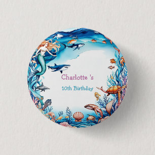 whimsical mermaid rainbow sea birthday party button