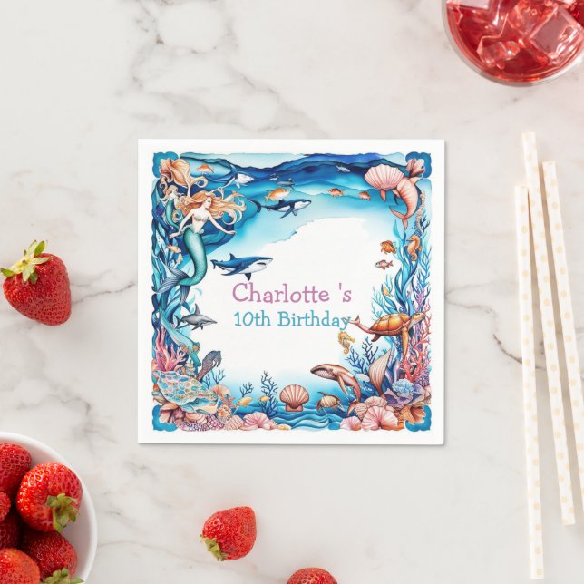  whimsical mermaid rainbow sea birthday party  napkins (Insitu)