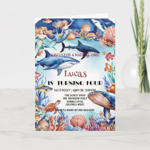  whimsical mermaid rainbow turtle shark birthday invitation