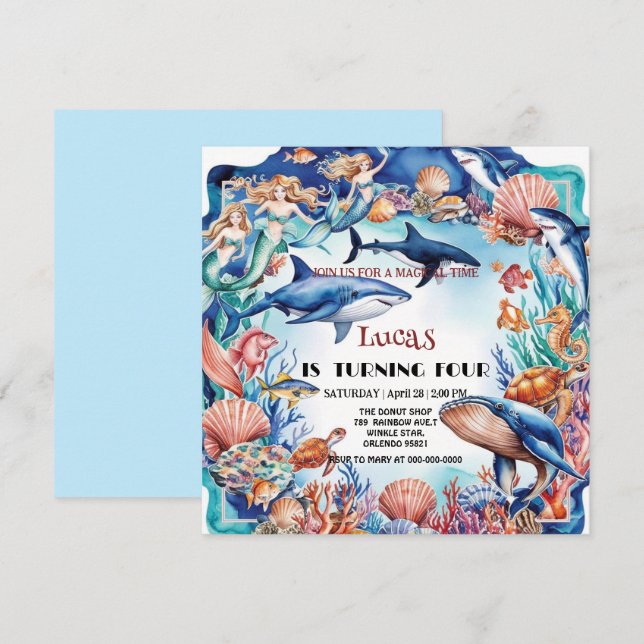  whimsical mermaid rainbow turtle shark birthday invitation (Front/Back)
