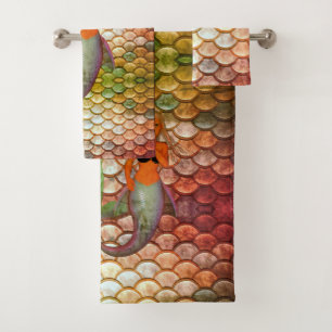 Whimsical Mermaid Scales Orange Green Ombre Bath Towel Set