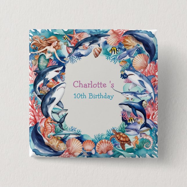 whimsical mermaid shark whale fish birthday party button (Front)