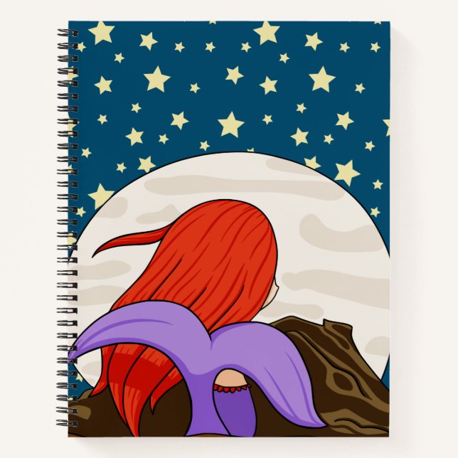 Whimsical Mermaid Staring at the Moon Starry Night Notebook (Front)