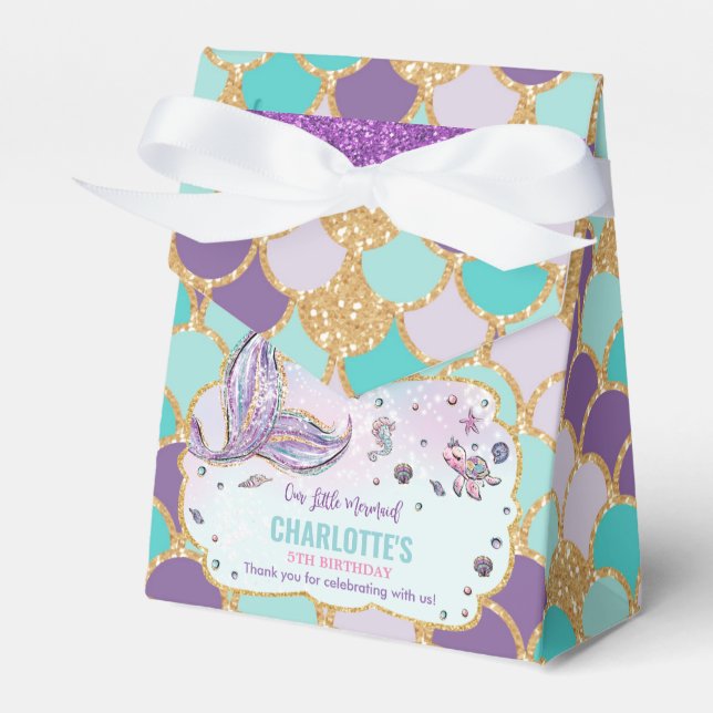 Whimsical Mermaid Tail 1st Birthday Girl Thank You Favor Boxes (Front Side)