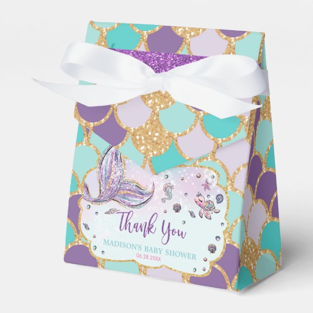 Whimsical Mermaid Tail Baby Shower Girl Thank You Favor Boxes (Front Side)