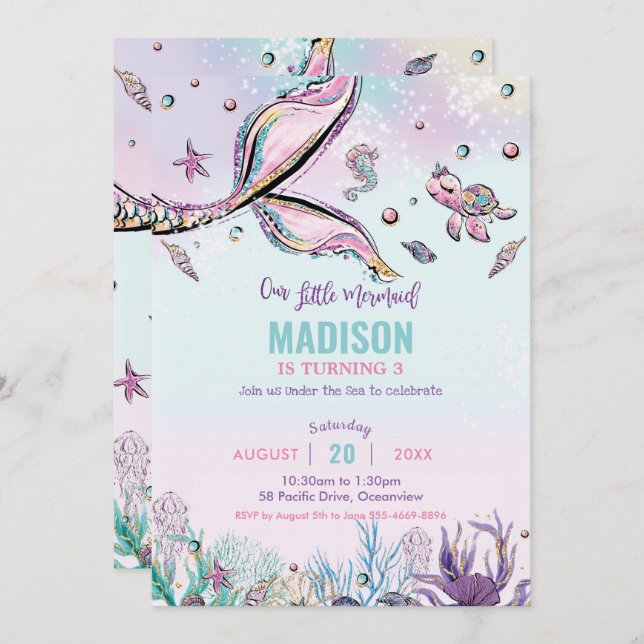 Whimsical Mermaid Tail Under the Sea Birthday Invitation (Front/Back)