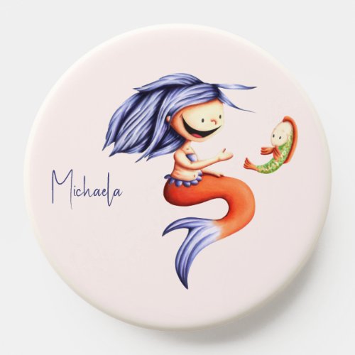 Whimsical Mermaid talking to Fish Add your Name PopSocket