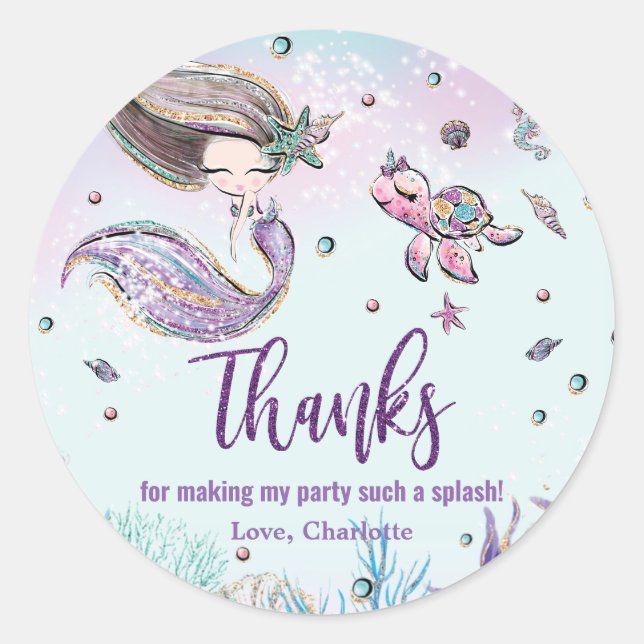 Whimsical Mermaid Under the Sea Birthday Favor  Classic Round Sticker (Front)