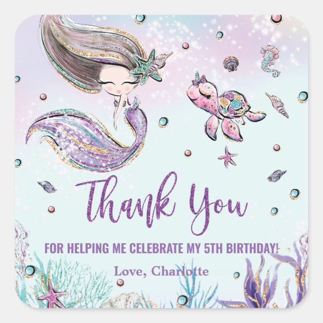 Whimsical Mermaid Under the Sea Birthday Favor Square Sticker (Front)