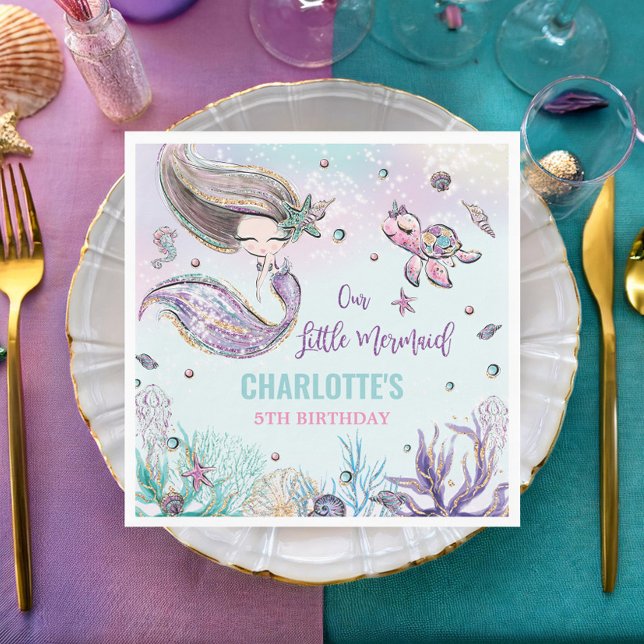 Whimsical Mermaid Under the Sea Birthday Party Napkins (cute brunette mermaid sea turtle shells corals under the sea pool birthday party paper napkins )