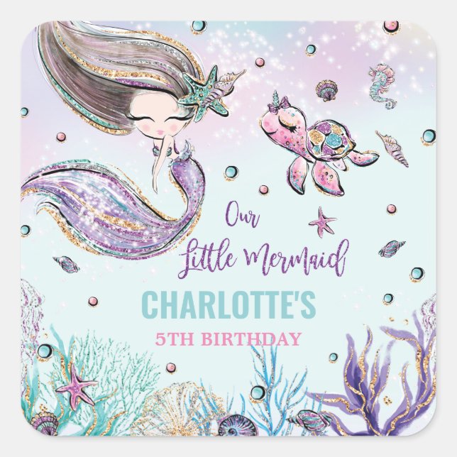 Whimsical Mermaid Under the Sea Birthday Party Square Sticker (Front)