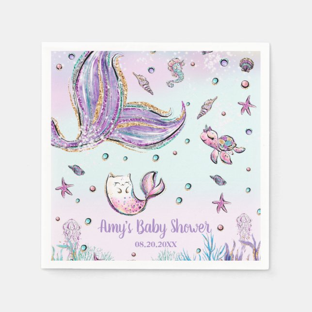 Whimsical Mermaid Under the Sea Birthday Shower Napkins (Front)