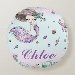 Whimsical Mermaid Under the Sea Chic Girl Bedroom Round Pillow