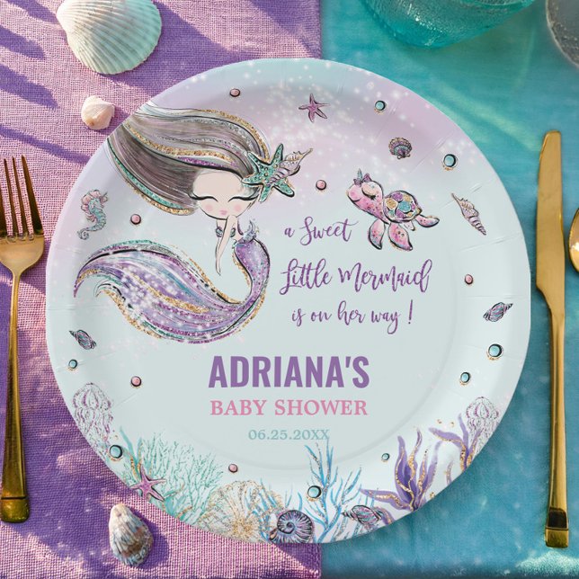 Whimsical Mermaid Under the Sea Girl Baby Shower Paper Plates (chic cute little mermaid under the sea turtle coral shells turquoise baby shower round paper plates)