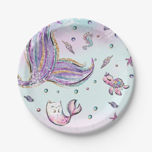 Whimsical Mermaid Under the Sea Mercat Birthday Paper Plates (Front)
