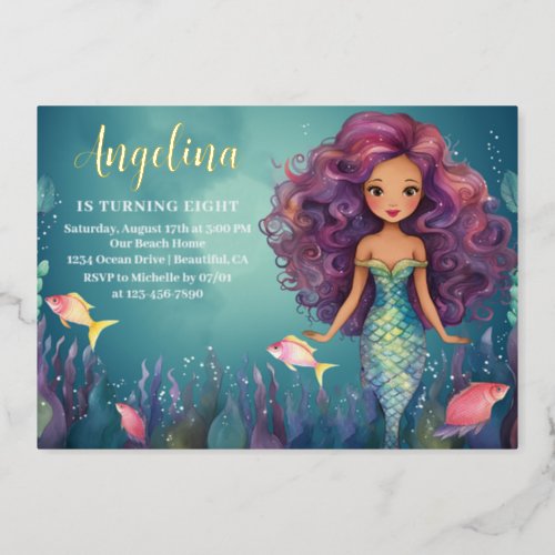 Whimsical Mermaid Under the Sea Ocean Birthday Foil Invitation