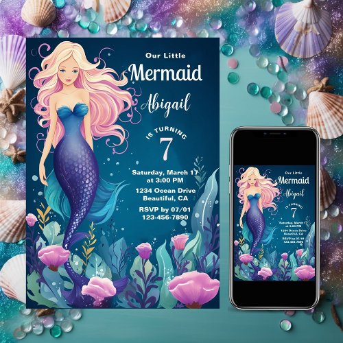 Whimsical Mermaid Under the Sea Ocean Birthday Invitation