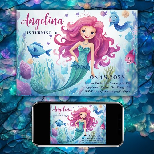 Whimsical Mermaid Under the Sea Ocean Birthday Invitation