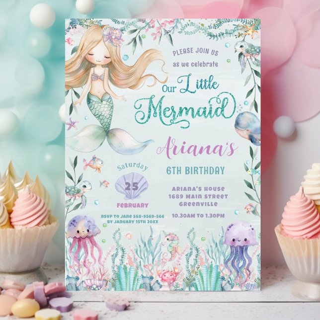 Whimsical Mermaid Under the Sea Pool Birthday Invitation (blonde mermaid under the sea cute ocean creatures pool birthday party invitation cards printed )