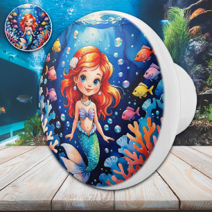 Whimsical Mermaid & Undersea Coral Watercolor Ceramic Knob