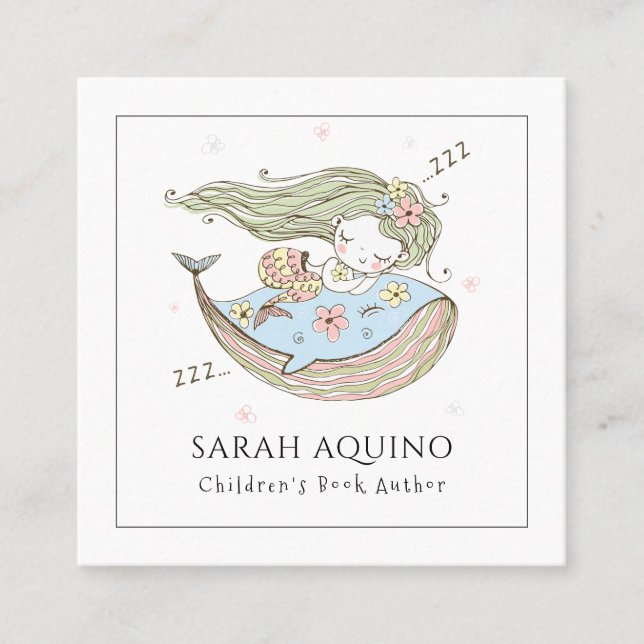 Whimsical Mermaid & Whale Children's Book Author Square Business Card (Front)