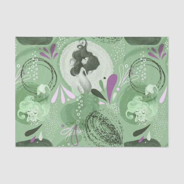 Whimsical Mermaids Green Abstract Background  Tissue Paper (Front)