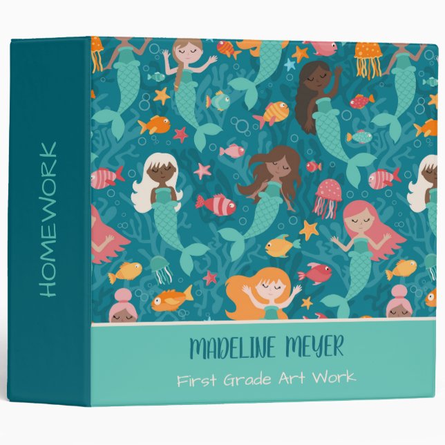 Whimsical Mermaids Under The Sea Teal 3 Ring Binder (Front/Spine)