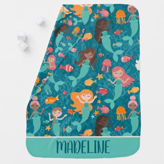 Whimsical Mermaids Under The Sea Teal Baby Blanket (In Situ)