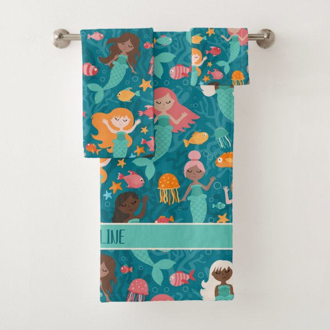 Whimsical Mermaids Under The Sea Teal Bath Towel Set (Insitu)