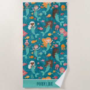 Whimsical Mermaids Under The Sea Teal Beach Towel