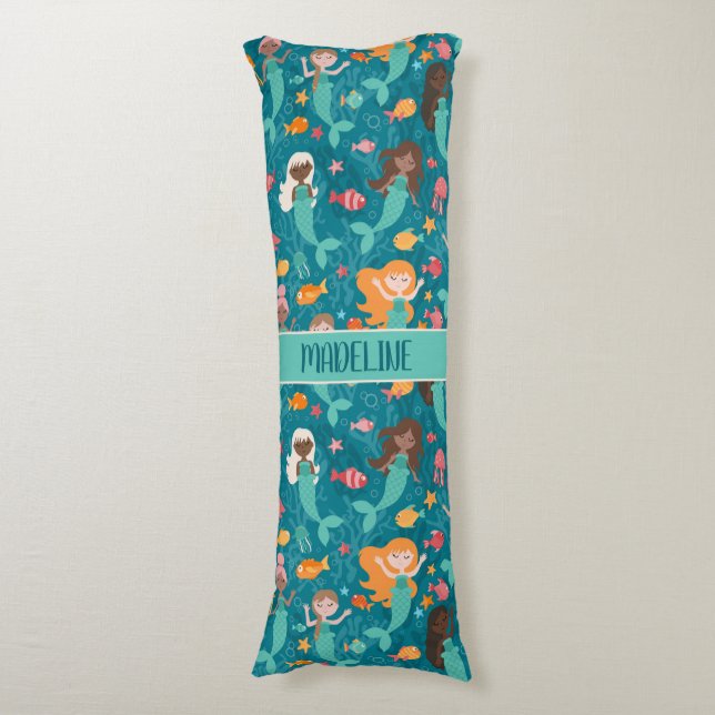 Whimsical Mermaids Under The Sea Teal Body Pillow (Front Vertical)